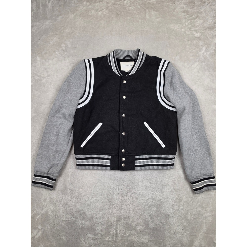 Aeropostale Varsity Jacket Womens Juniors Medium Black Gray Snap Button *Read